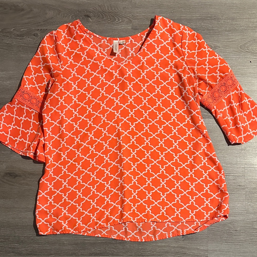 Tacera Orange and White Geometric Blouse